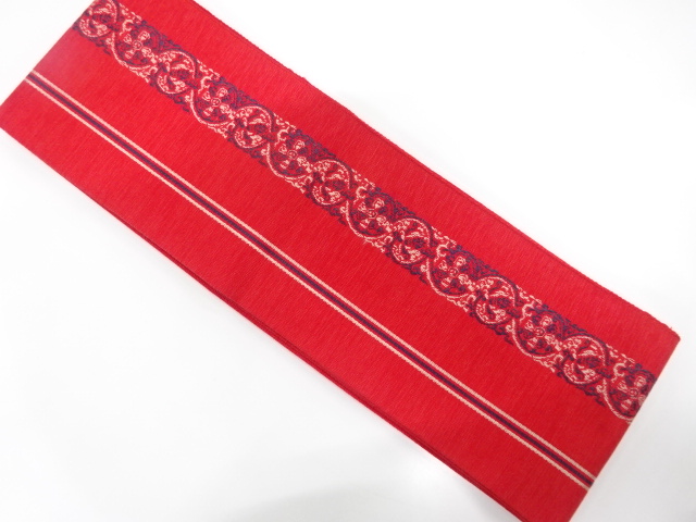 縞に花更紗模様織り出し　半幅帯