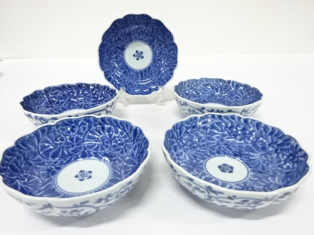 Ko-Imari, Sometsuke, Peony Arabesque, Namasu Plate, 5 plates