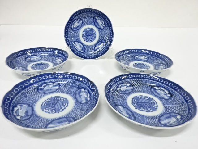 Ko-Imari, 5 plates, 5 pieces, Boku-hajime (sumi-resist)