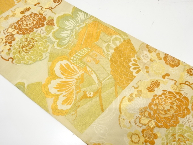 SALE!! JAPANESE KIMONO / ANTIQUE MARU OBI / WOVEN CARRIAGE & KIKU