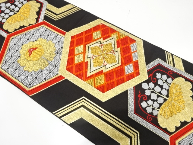 JAPANESE KIMONO / ANTIQUE FUKURO OBI / SILK / WOVEN PAULOWNIA & PEONY