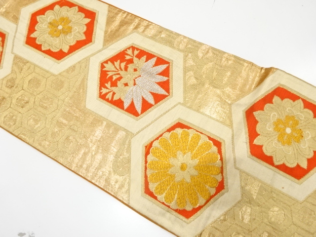 JAPANESE KIMONO / ANTIQUE FUKURO OBI / SILK / WOVEN FLORAL CREST & KIKU