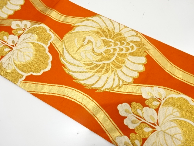 アンティーク　立涌に鶴・桐模様織り出し袋帯（材料）