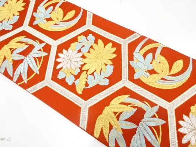 アンティーク　亀甲に花丸模様織り出し袋帯（着用可）