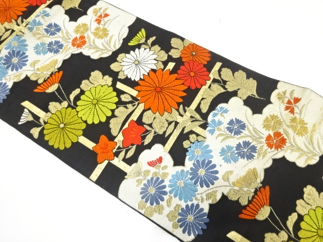 アンティーク　雲に菊・桔梗模様織り出し袋帯（材料）