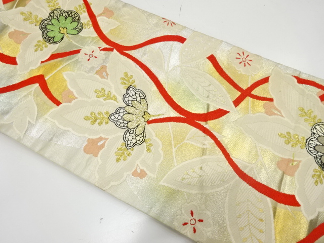 アンティーク　よろけ縞に唐花模様織り出し名古屋帯（着用可）