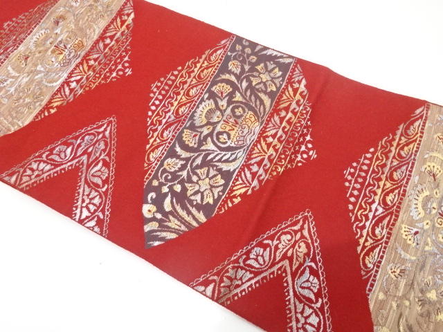 アンティーク　菱に花更紗模様織り出し名古屋帯（着用可）