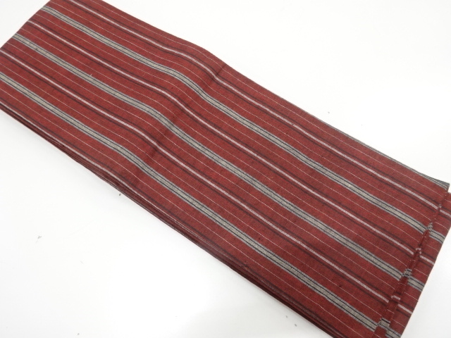 綿紬　縞模様織り出し　半幅帯
