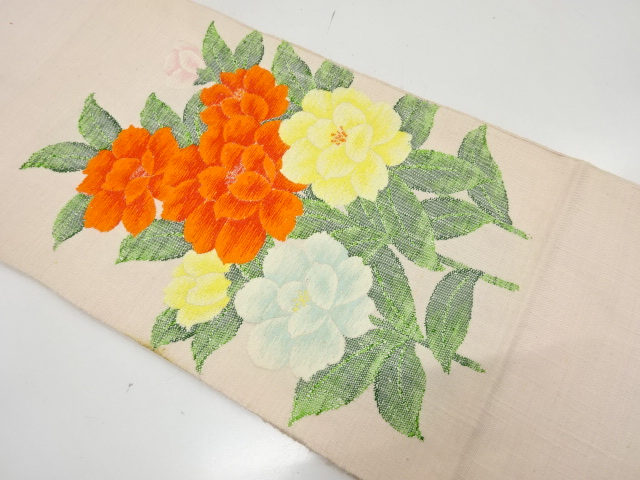 アンティーク　手織り真綿紬　草花模様織り出し名古屋帯