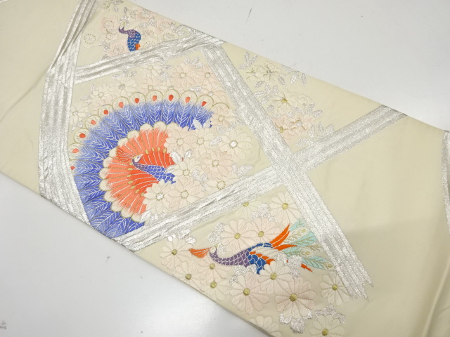 アンティーク　孔雀に菊・椿・梅模様織り出し袋帯（材料）
