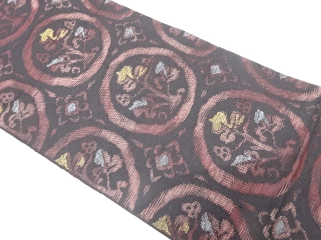 アンティーク　手織り紬　花丸模様織り出し名古屋帯（着用可）