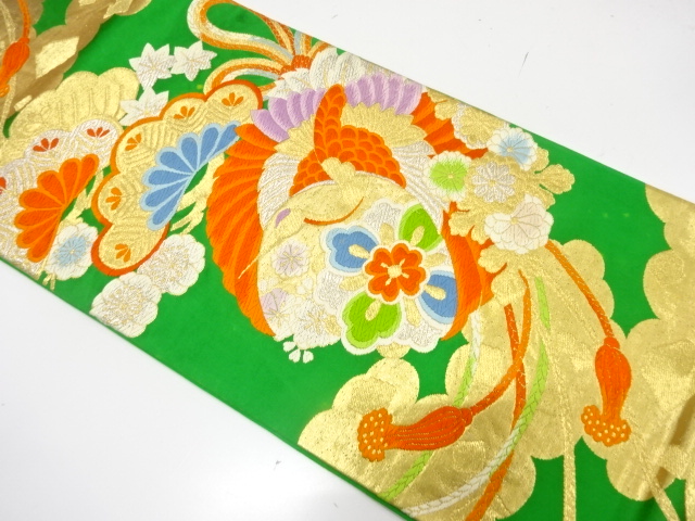 アンティーク　鶴に花車・笠松模様織り出し袋帯（材料）