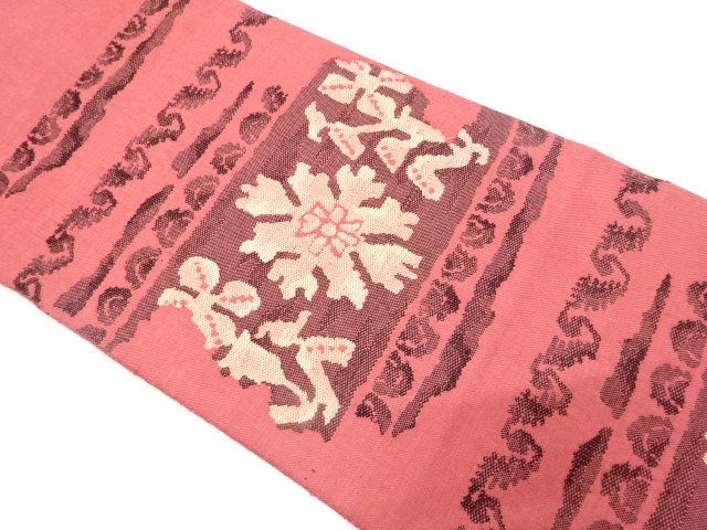 アンティーク　横段に花更紗模様織り出し名古屋帯（着用可）