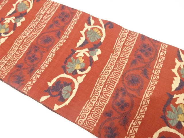 アンティーク　横段に花唐草模様織り出し紬名古屋帯（着用可）
