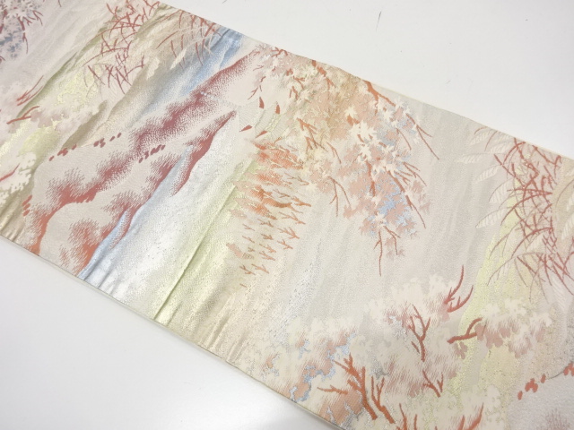 JAPANESE KIMONO / ANTIQUE FUKURO OBI / WOVEN PAGODA & SCENERY