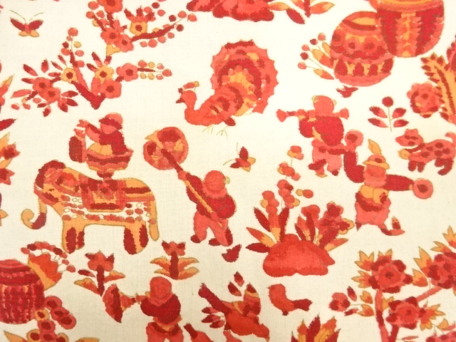 アンティーク　唐子に象・花鳥模様織り出し名古屋帯