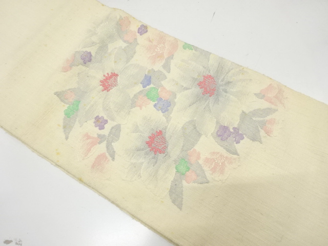 アンティーク　手織り真綿紬　花模様織り出し名古屋帯