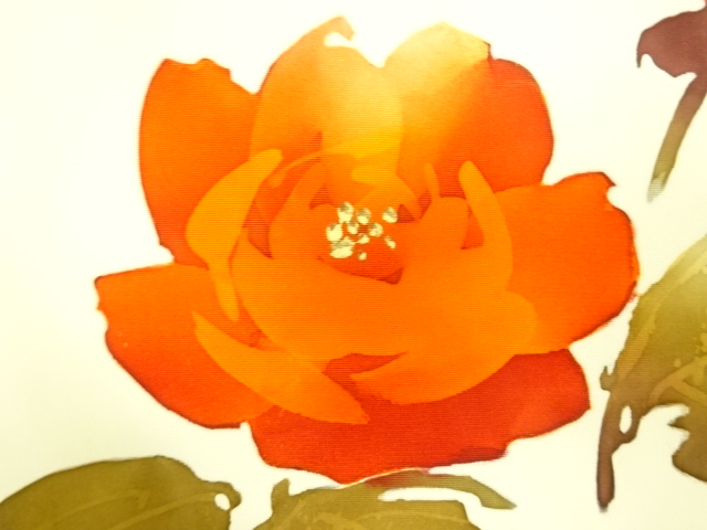 アンティーク　塩瀬　手描き　薔薇模様名古屋帯