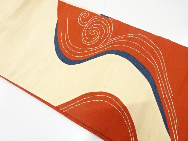 手織り真綿紬　切りばめ　相良刺繍　流水模様　名古屋帯