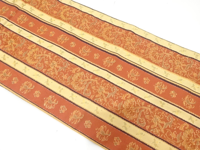 縞に花更紗模様織り出し　名古屋帯