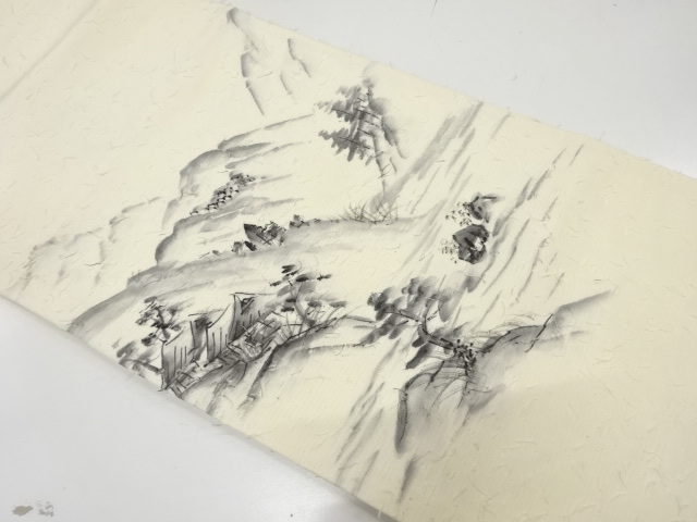 作家物　ひげ紬　田舎風景模様　名古屋帯