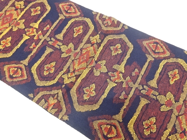 手織り真綿紬　更紗模様織り出し　名古屋帯