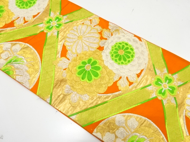 アンティーク　斜め格子に花丸模様織り出し袋帯（材料）