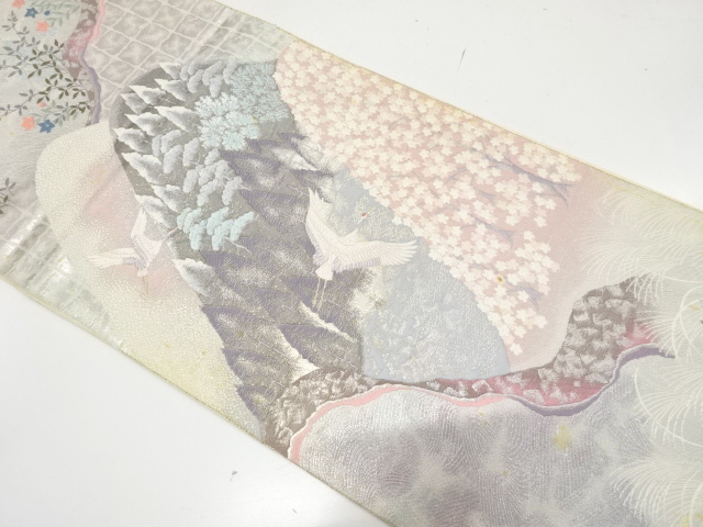 JAPANESE KIMONO / ANTIQUE FUKURO OBI / SILK / WOVEN SAKURA