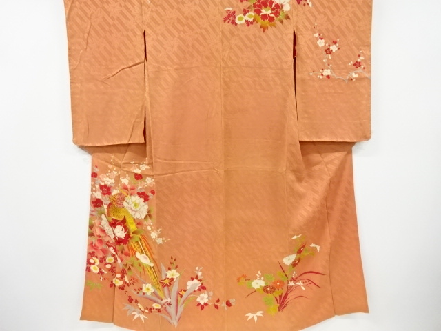 3963◇アンティーク着物袷縮緬紫に松梅裾模様手刺繍時代物逸品