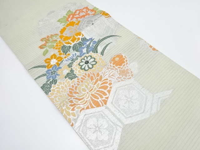 JAPANESE KIMONO / ANTIQUE SUMMER MARU OBI / WOVEN KIKKO & FLOWER