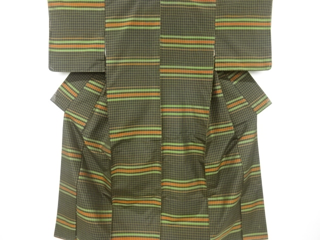JAPANESE ENSEMBLE KIMONO / YONEZAWA TSUMUGI / WOVEN GRID & STRIPE