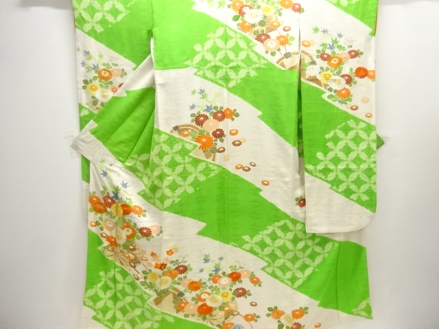 宗sou アンティーク 枝梅に扇花鳥模様刺繍振袖 アンティーク 名古屋帯 檜扇に百花模様 刺繍 繻子 正絹 着物