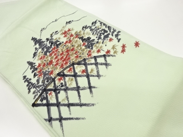 作家物　金彩手描き紅葉に松・光悦垣模様名古屋帯