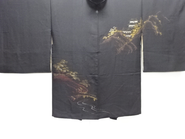 アンティーク　松に寺院模様織出し漆一ツ紋絵羽織
