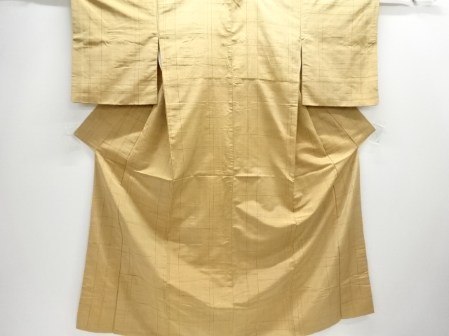 アンティーク　変わり格子模様織り出し手織り節紬着物