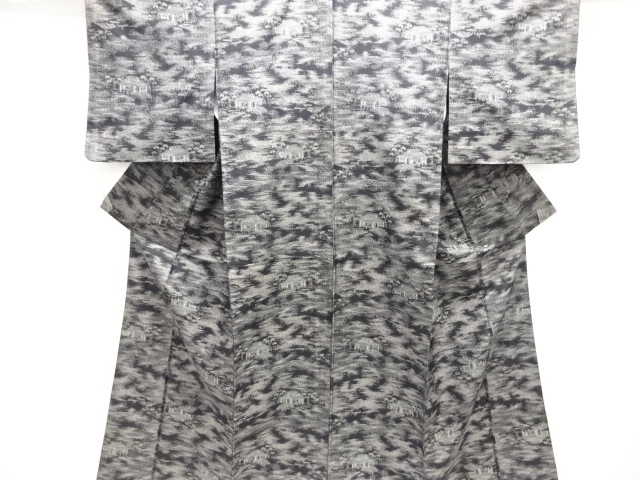 アンティーク　家屋風景模様織り出し手織り紬着物