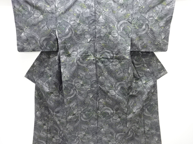 アンティーク　花唐草模様織り出し十日町紬着物