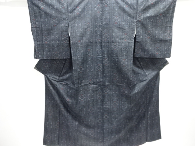 アンティーク　格子に華紋織り出し手織り紬着物