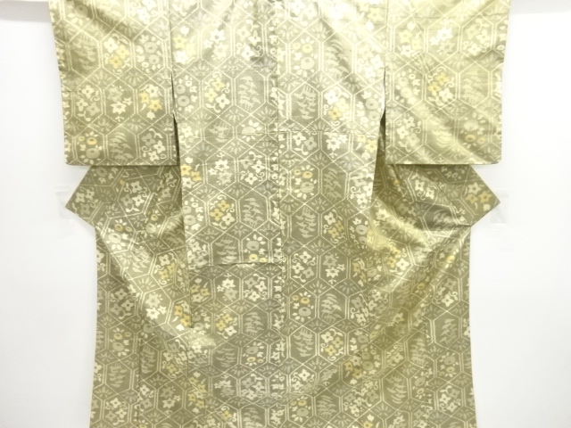 アンティーク　亀甲に花模様織り出し手織り紬着物