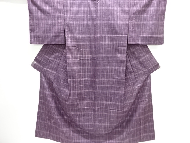 アンティーク　格子に抽象模様織り出し手織り紬着物