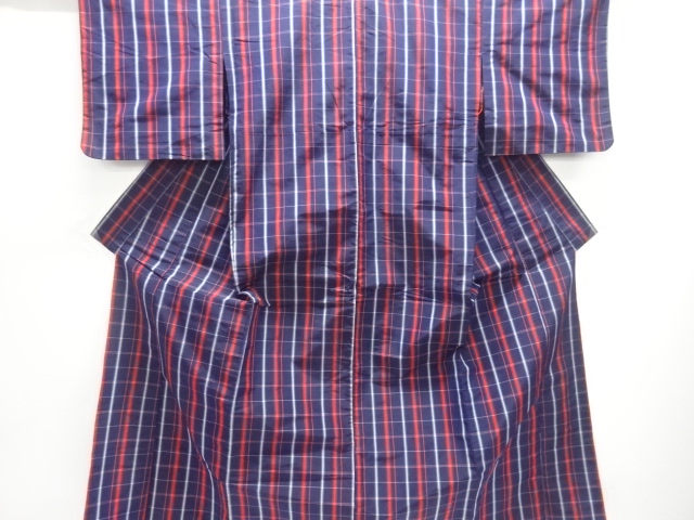 アンティーク　格子織出し米沢紬単衣着物アンサンブル