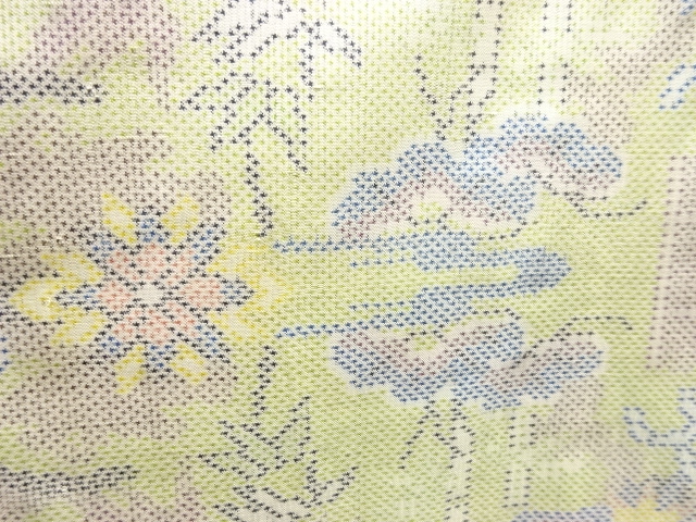 JAPANESE KIMONO / ANTIQUE KIMONO / OSHIMA TSUMUGI / WOVEN PINE & KIKU & BAMBOO GRASS