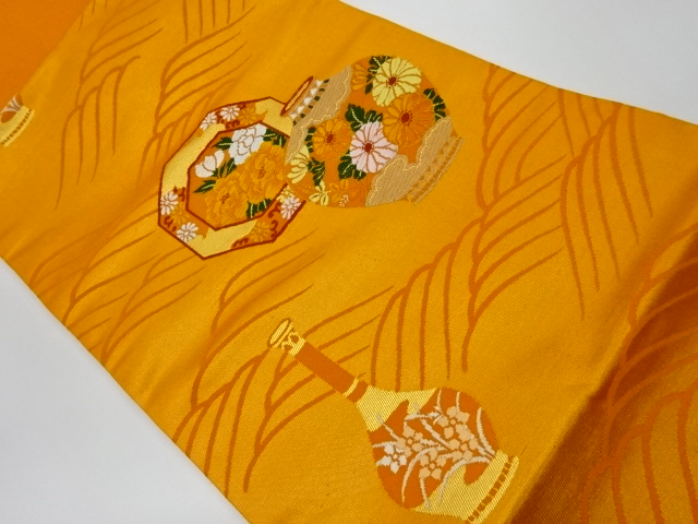リサイクル　花瓶・皿に花々模様織出し名古屋帯