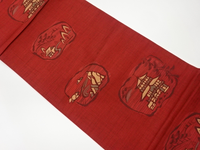 JAPANESE KIMONO / VINTAGE FUKURO OBI / WOVEN TEMPLE SCENERY