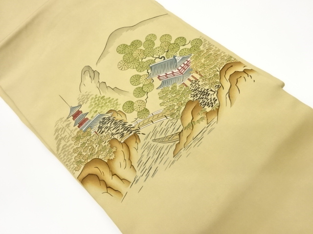 リサイクル　手描き山並み・橋に舟・塔・風景模様名古屋帯