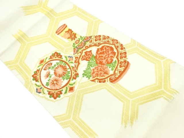 リサイクル　鏡裏に花瓶・花々模様織出し名古屋帯