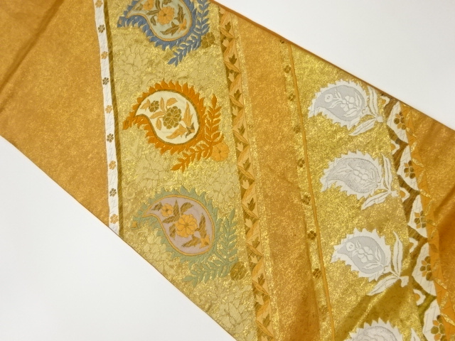 リサイクル　斜め縞に抽象草花模様織出し袋帯