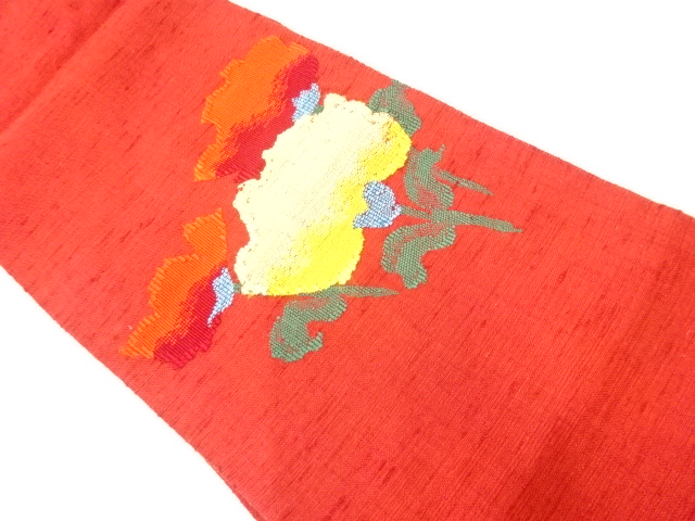 リサイクル　手織り紬草花模様織出し名古屋帯