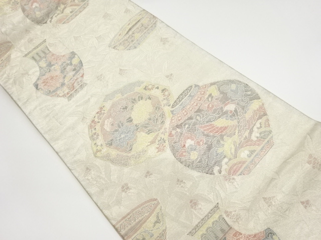 リサイクル　鏡裏に陶器・花鳥模様織出し袋帯