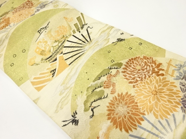 JAPANESE KIMONO / ANTIQUE NAGOYA OBI / SILK / WOVEN FOLDING FAN & TREASURE BOAT & PINE & KIKU